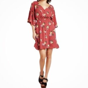 Xhilaration Rust Multicolor  Floral Rosewood Print Elbow Sleeve Wrap Dress, M